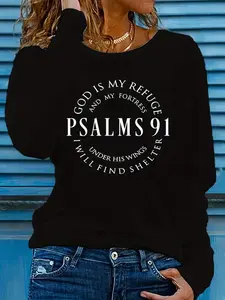 Psalms 91 Bible Verse Print Hoodie, Loose Faith Casual Top, Fall Fashion Letter Pattern, Comfortable Daily Wear