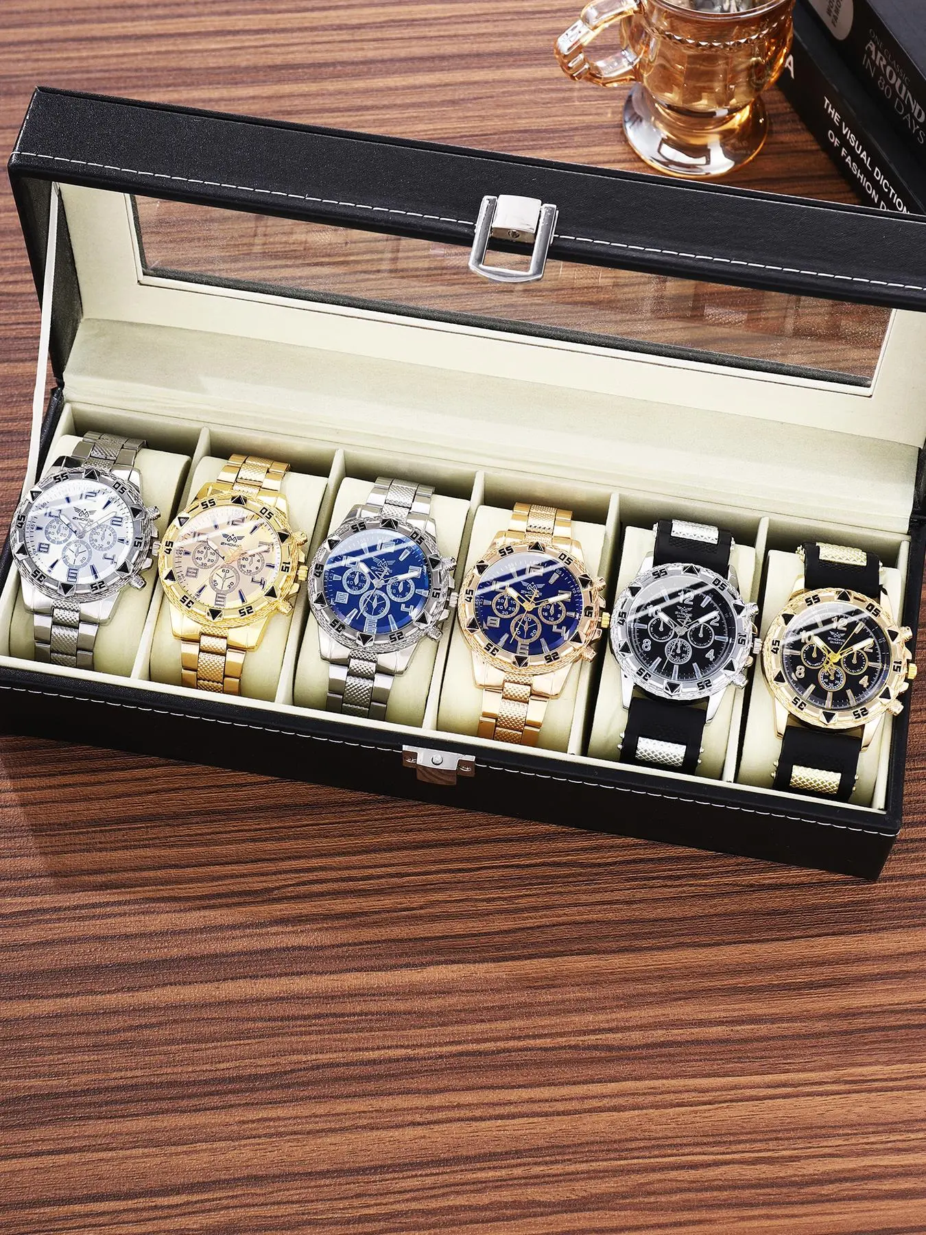 Men's Round-Dial Analog Quartz Watch with Box, Fashion Wristwatch Set for Party and Daily Wear, Trendy Versatile Birthday Gift
