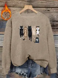 Cute Cat Print Fitted Sweater for Women, Casual Round Neck Knit Top, Soft and Cuddly Style, Perfect for Fall & Winter, Animal Print Womenswear Knitwear