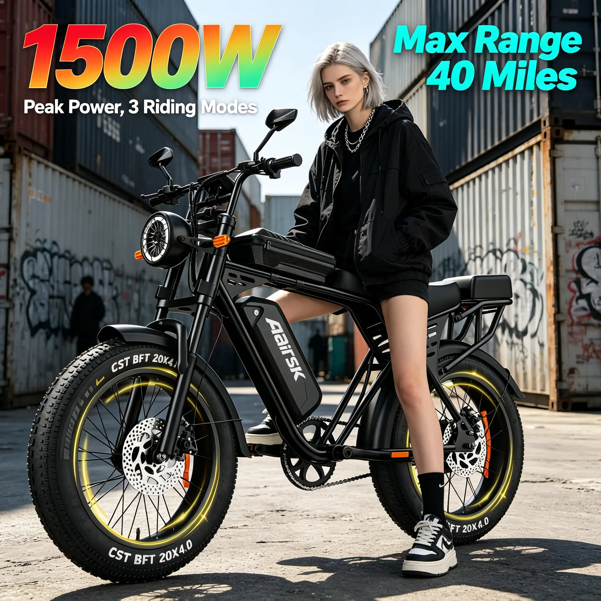 Aairsk X5-1500W Peak Power Motor, 40 Mi Max Range, Retro Fat Tire Adult Electric Bike with Adult Frame,  20"×4.0 CST Off-Road Tires for Off-Roading, Dual Disc Brakes, 3 Riding Modes, Detachable Lithium Battery, 1500W Motor, Retro Look, Unisex