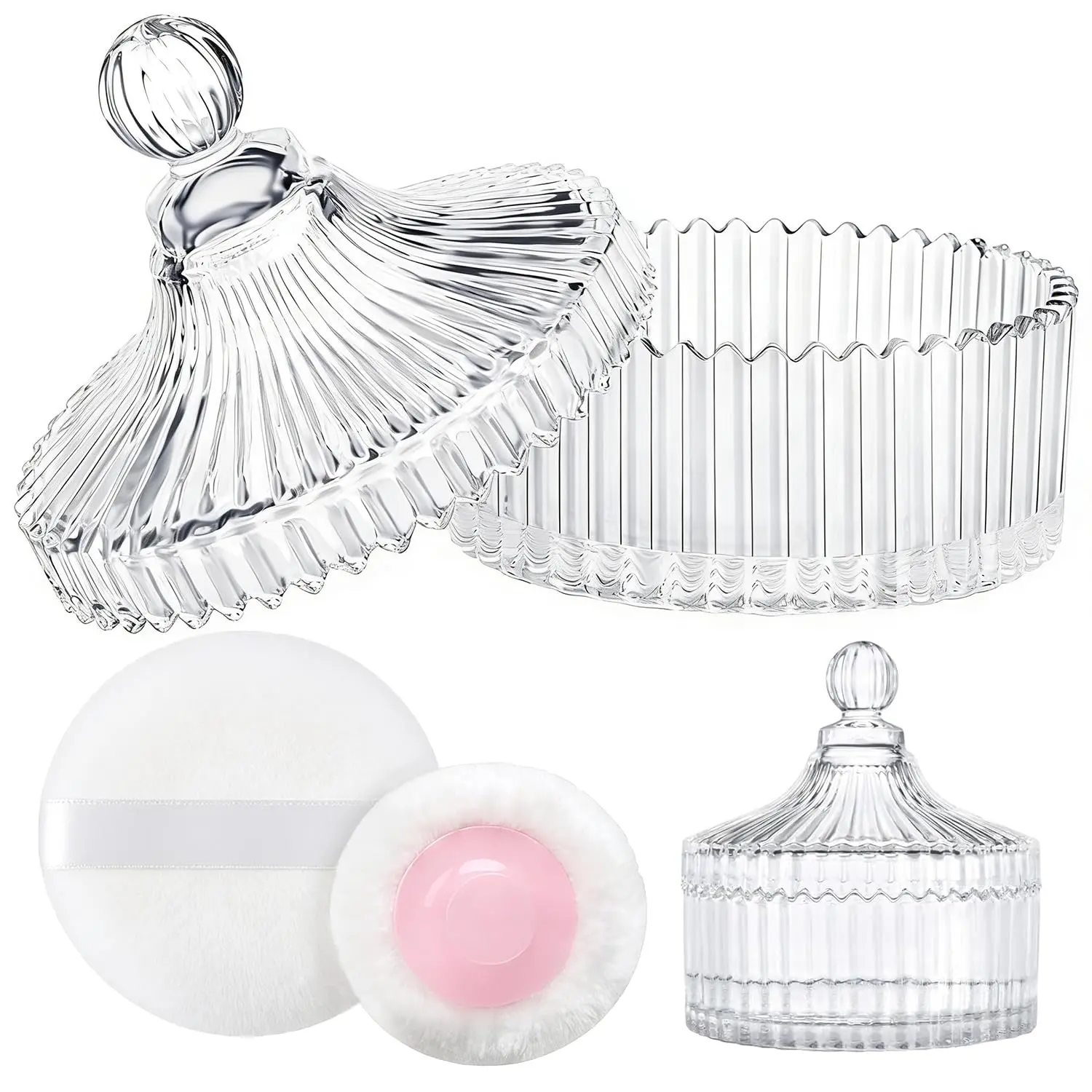 Large Body Powder Puff and Container, 2 Large Powder Puffs, Crystal Powder Container with 3.93" Puff for Baby Women, Dusting Powder Container with Puffs for Women, Bath, Home Use (4″ Pure)