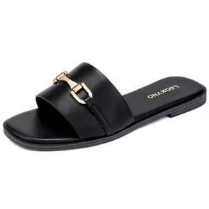Womens Flat Sandals Dressy Square Open Toe Summer Slides Sandals Slip on Comfortable Leather Sandals for Women
