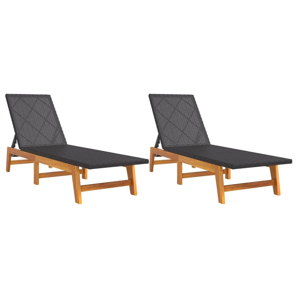 vidaXL Chaise Lounge Chairs 2 Pcs, Outdoor Lounge Chair with Cushion, Sun Lounger for Garden, Black and Brown Poly Rattan and Solid Wood Acacia 319728