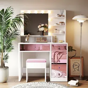 Bellemave Vanity Desk with Glass Top 9 Hollywood Bulbs 3 Color Lighting Modes Pink Finish Drawers Shelves White Table Stool for Bedroom