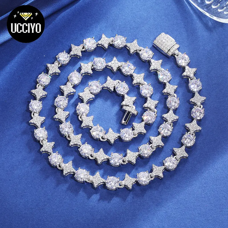 8mm S925 Sterling Silver Star Round Tennis Chain Necklace For Women New Design Iced Out Hip Hop Fine Jewelry for Christmas【#NS9250037】