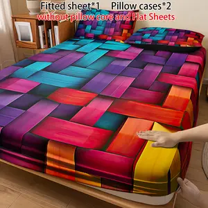 3PCS Colorful Geometric Checkerboard fitted  Sheet Set (1 fitted  Sheet + 2 Pillowcases without Pillow  Cores) Plaid Design, Modern Bedding, Stylish Bedroom, Home Dormitory All-Season Use Organic Cotton Grounding Sheets Luxury Bamboo Cooling