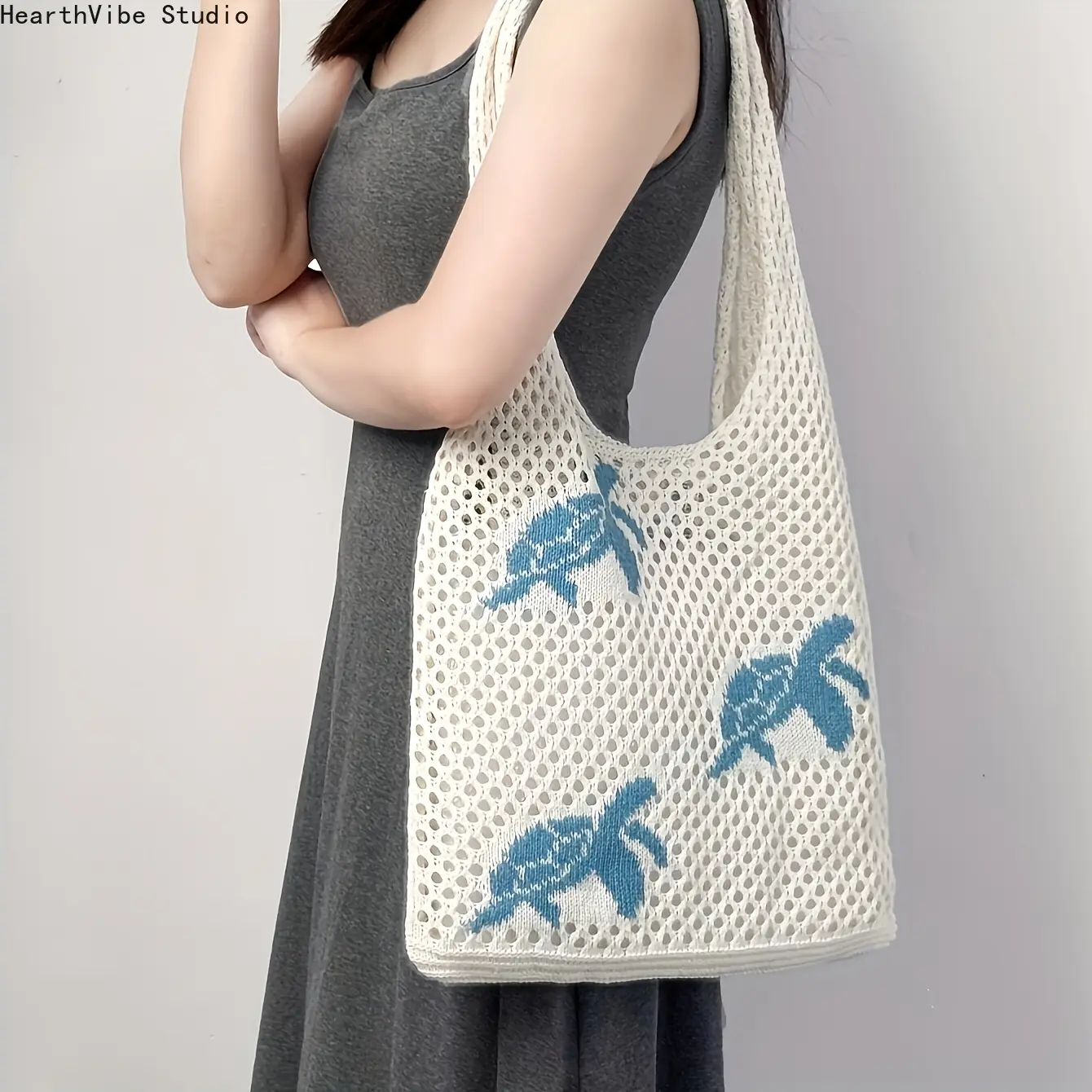 Women's Lightweight Hollow Woven Crochet Beach Tote Bag - 1pc, Casual Everyday & Shopping Tote Bags with Turtle & Watermelon Patterns, Fixed Shoulder Straps, No Zipper, Ideal for College Students' Study & Travel, Casual Everyday Bag