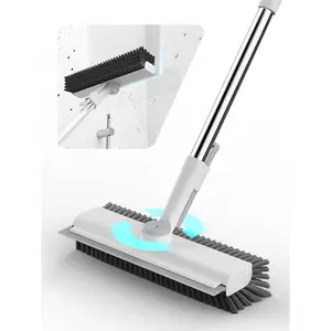 Floor Scrub Brush with Long Handle, 3 in 1 Scrape and Heavy-Duty Stiff Bristle Floor Scrubber Brush with Squeegee and Tweezer for Cleaning Tile Wall Deck Bathroom Patio Garage Kitchen (White)