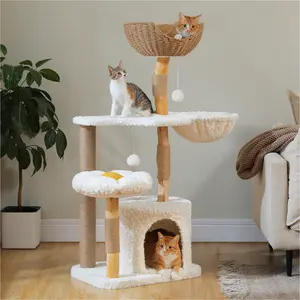 48.5-Inch Modern Cat Tree Solid Wood Cat Tower for Indoor Cats with Luxury Cat Condo, Hammock, Scratching Post, Rattan Perch and Flower Cat Bed for Large Cats Adult, White