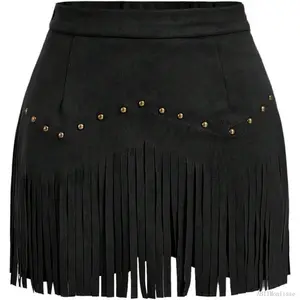 Women's Suede Fringe Sexy Cowgirl Skirts Country Concert Outfit Western High Waisted SkirtAB11Monlisse