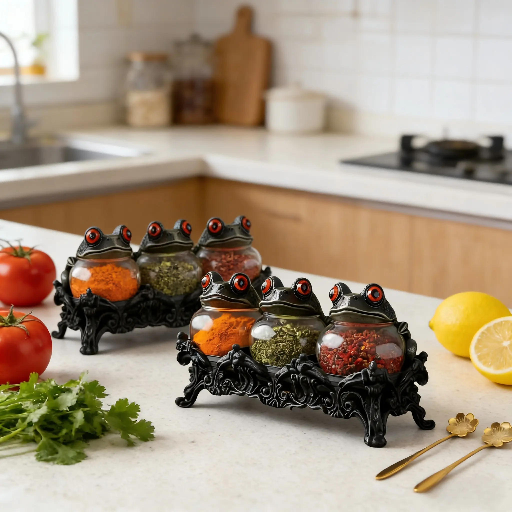 Gothic Style Handmade Retro Witch Frog Glass Storage Bottles & Jars Set - 3 Witch Frog Lids, 1 Gothic Base, Wooden Lid Kitchenware for Spice Containers, Halloween, Easter Seasoning Storage, Decorative