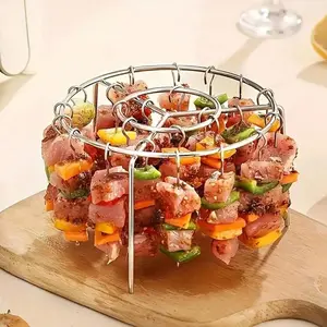 Stainless Steel Grill Set + Skewers, BBQ Kit, Air Fryer Grilling Rack, Round Stainless Steel Grill, Kitchen Utensils, Cooking Tools, Kitchenware