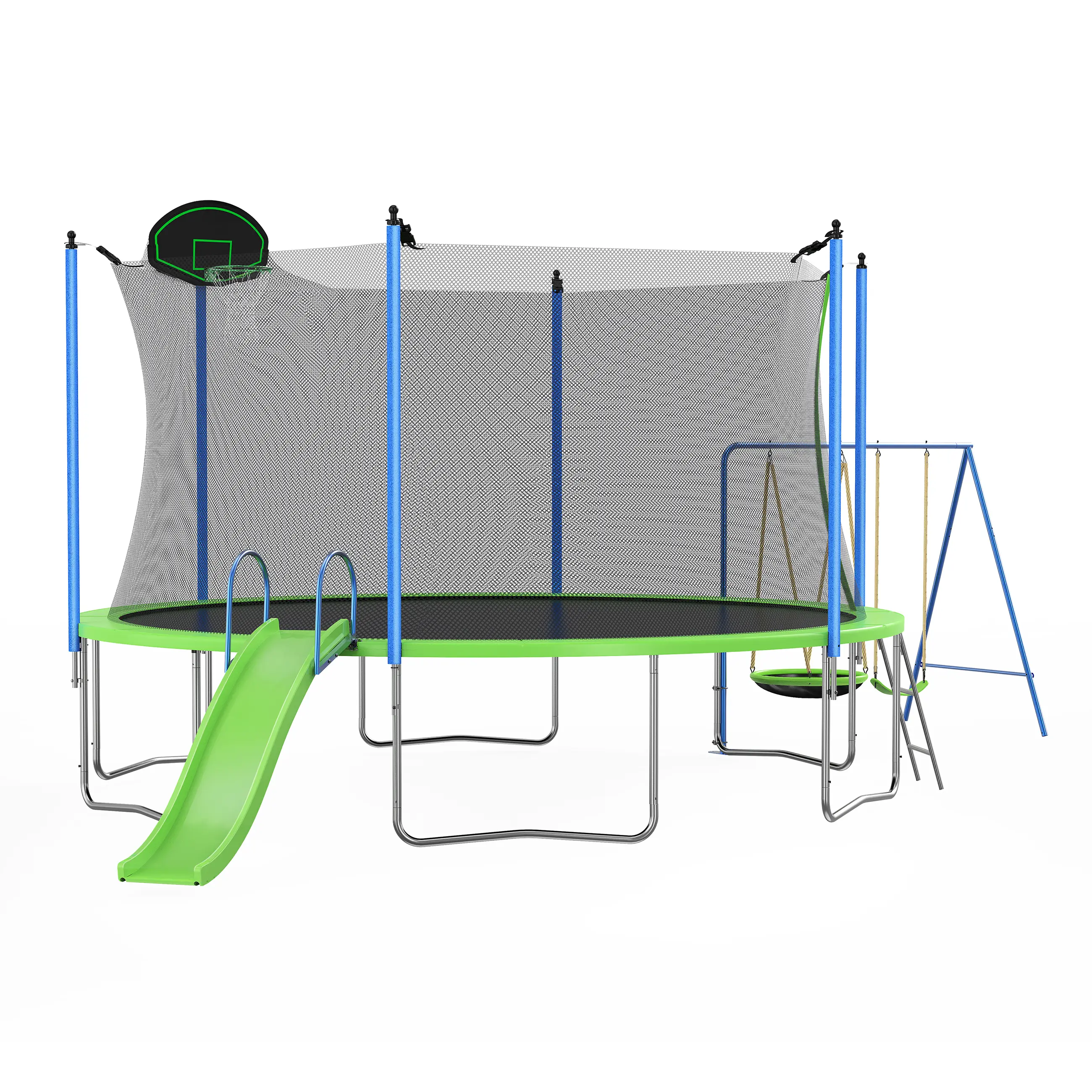 12FT Trampoline with Slide and Swings, ASTM Approved, Outdoor Backyard Trampoline with Basketball Hoop & Ladder, Capacity for Kids & Adults Recreational Trampoline with Enclosure