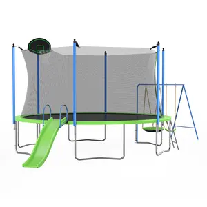 12FT Trampoline with Slide and Swings, ASTM Approved, Outdoor Backyard Trampoline with Basketball Hoop & Ladder, Capacity for Kids & Adults Recreational Trampoline with Enclosure