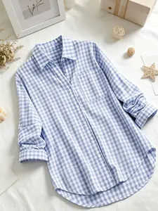 Plus size women's fashionable versatile plaid patchwork Casual Collared lapel single-breasted pocket design shirt top Blouse, suitable for summer, daily commuting, casual wear, etc.