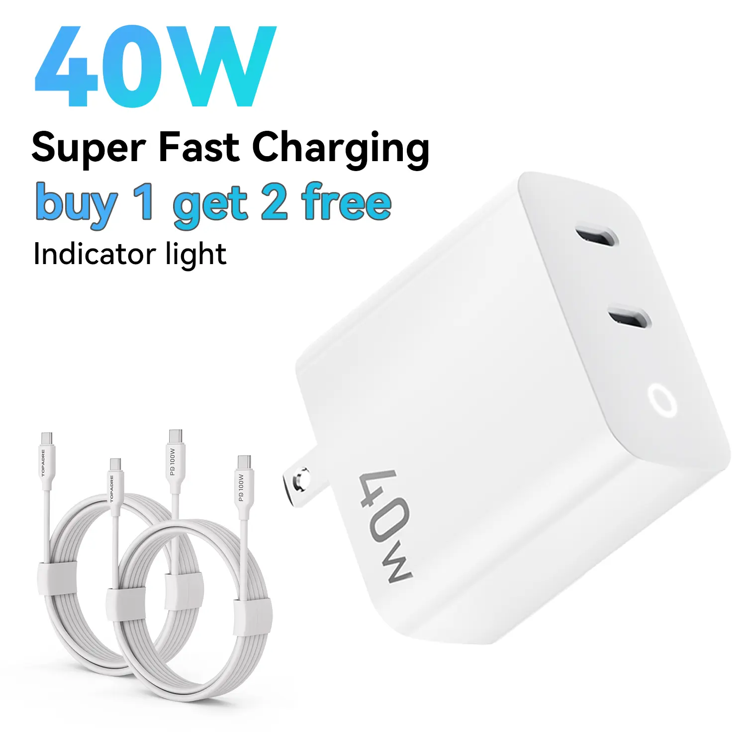 [Buy 1 get 2 Free Cables] TOPADRE 40W Fast Charging 2-Pack Type-C/USB-C Wall Charger Block for iPhone 16/15/Pro/Pro Max, Air Pods, Mobile Smartphones Wall Adapter