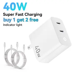 [Buy 1 get 2 Free Cables] TOPADRE 40W Fast Charging 2-Pack Type-C/USB-C Wall Charger Block for iPhone 16/15/Pro/Pro Max, Air Pods, Mobile Smartphones Wall Adapter