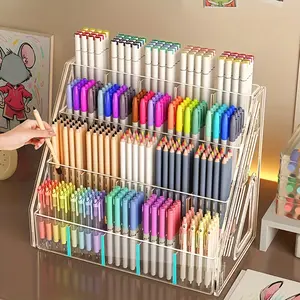 1pc large-capacity acrylic pen holder storage box with multiple storage compartments-heavy plastic desk storage box Stationery Organizer Stationary Organizer Holder