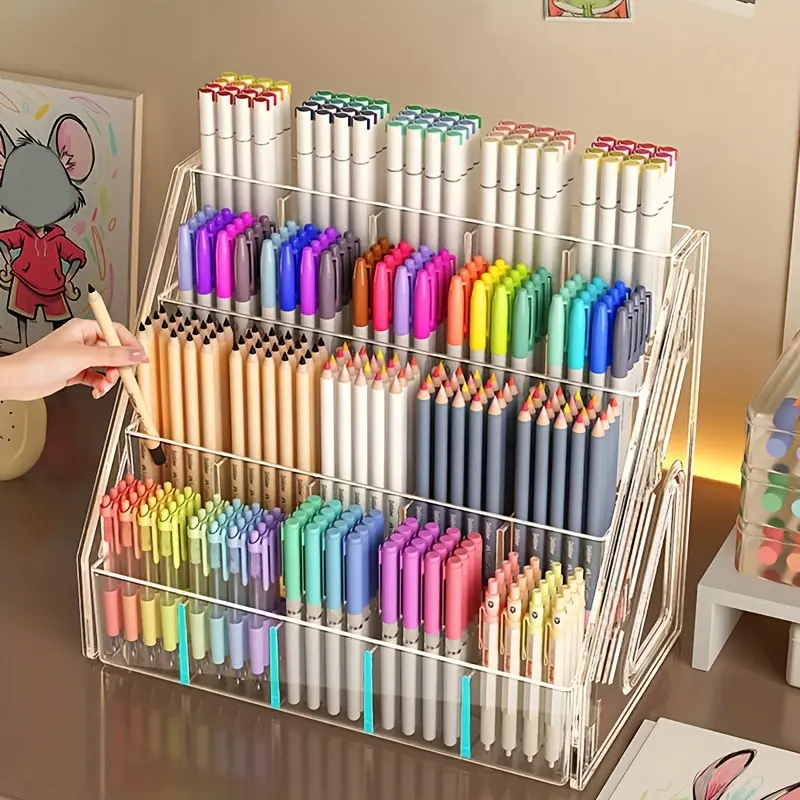 1pc large-capacity acrylic pen holder storage box with multiple storage compartments-heavy plastic desk storage box Office Accessories Stationery Organizer Stationary Organizer Holder Marker Pen Holder Desk Accessory Desk Tidy