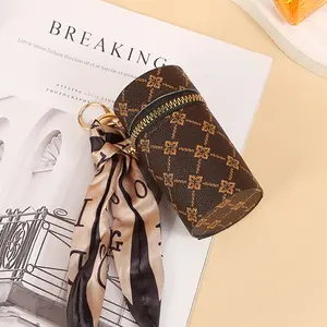 Luxury Leather Lipstick Makeup Bag, Mini Lip Balm Case with Keychain, Travel Cosmetic Storage Pouch for Wallet Perfume Nail Polish