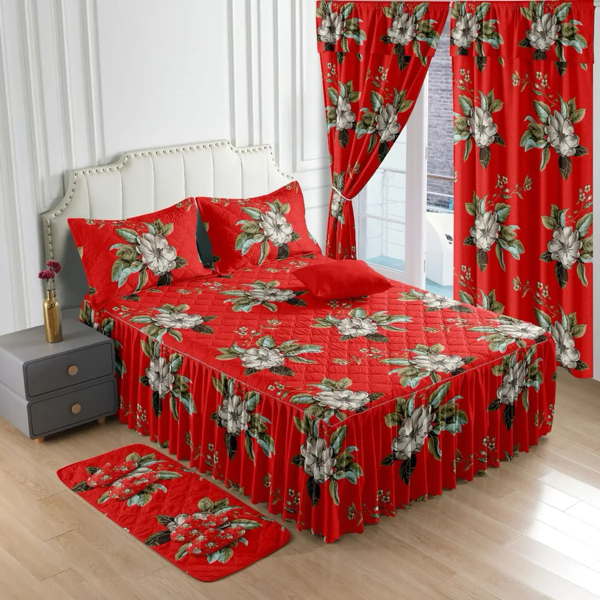 Linen Fabric Floral Print Bedding Set Collection - 9-Piece Bedroom Bedding Set with Soft Texture Blue Bedspread and Matching Pillows, Elegant Design