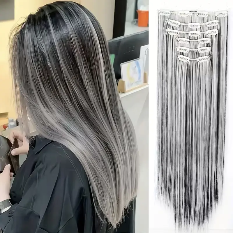 VIKOK Set of 6pcs, 24-Inch Synthetic Heat-Resistant Clip-In Hair Extensions in Black And Gray, Ideal for Women to Wear at All Saints' Day Celebrations.