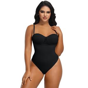 Curveshe Back Lace-up Thong Seamless Light Control Spaghetti Strap Basic Bodysuit