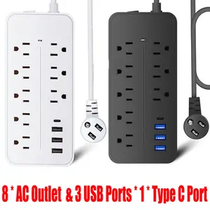 US Power Strip Surge Protector 8 AC Outlets 3 USB Ports + Type C Port 4 FT Cable