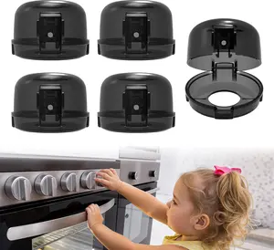 Stove Knob Safety Covers - 5 Pack Heat Resistant Oven Knob Covers for Child Safety with 3M Strong Adhesive, Gas Stove Knob Covers with Dual-Button Locks & Visual Design, Black