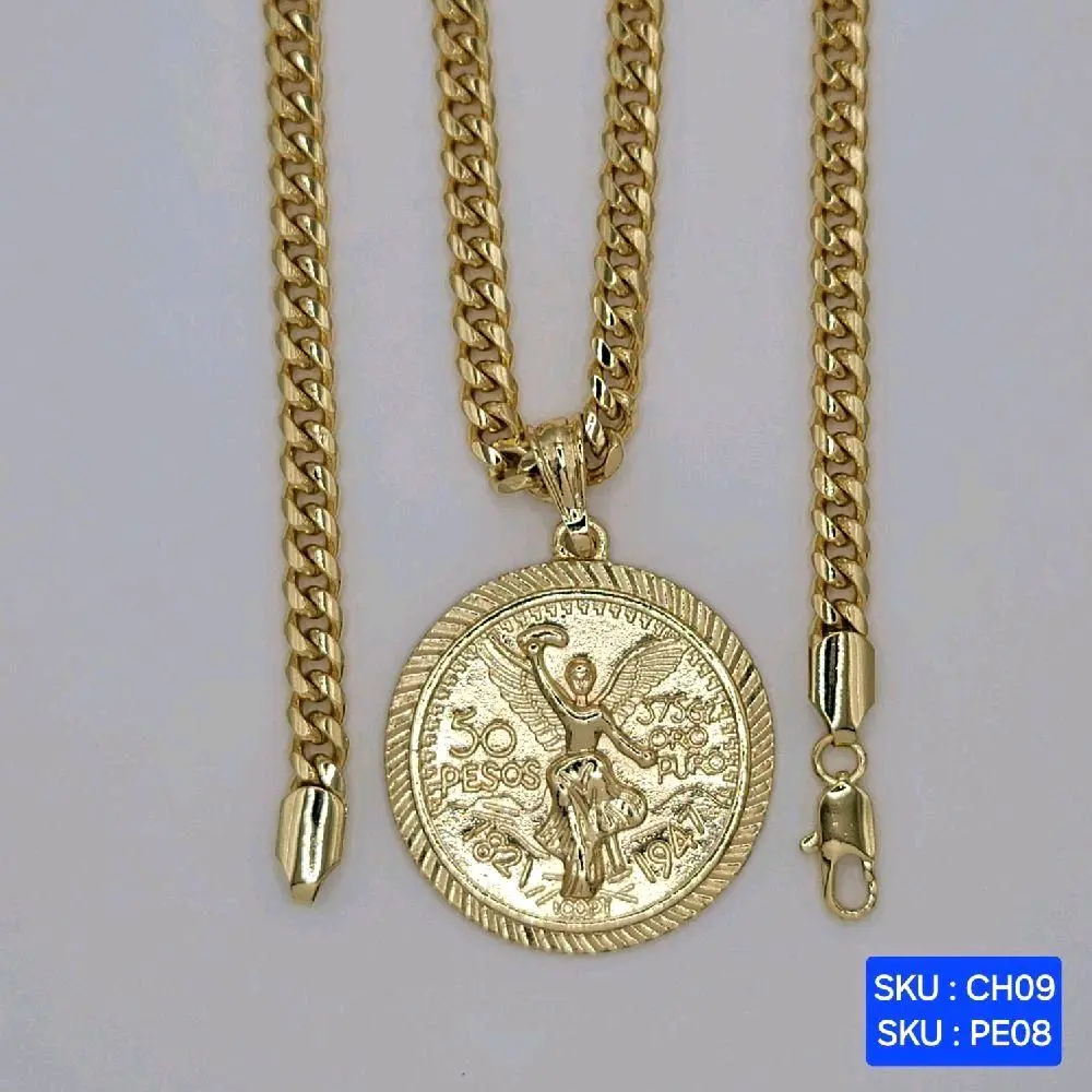 Beautiful Centenario Pendant Select color Pendant 14k or 3 color Chain Cuban link Style 24 inches 6mm wide Laminated Gold.   SKU : CH09 SKU: PE08, PE08A