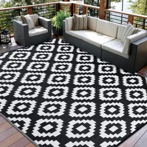 Outdoor Rug 9x18 ft Waterproof Mat Reversible Outdoor Plastic Straw Rug Patio Rug Camping Rug Portable Outdoor Mat for RV Porch Balcony Backyard Picnic Beach Black/White Square