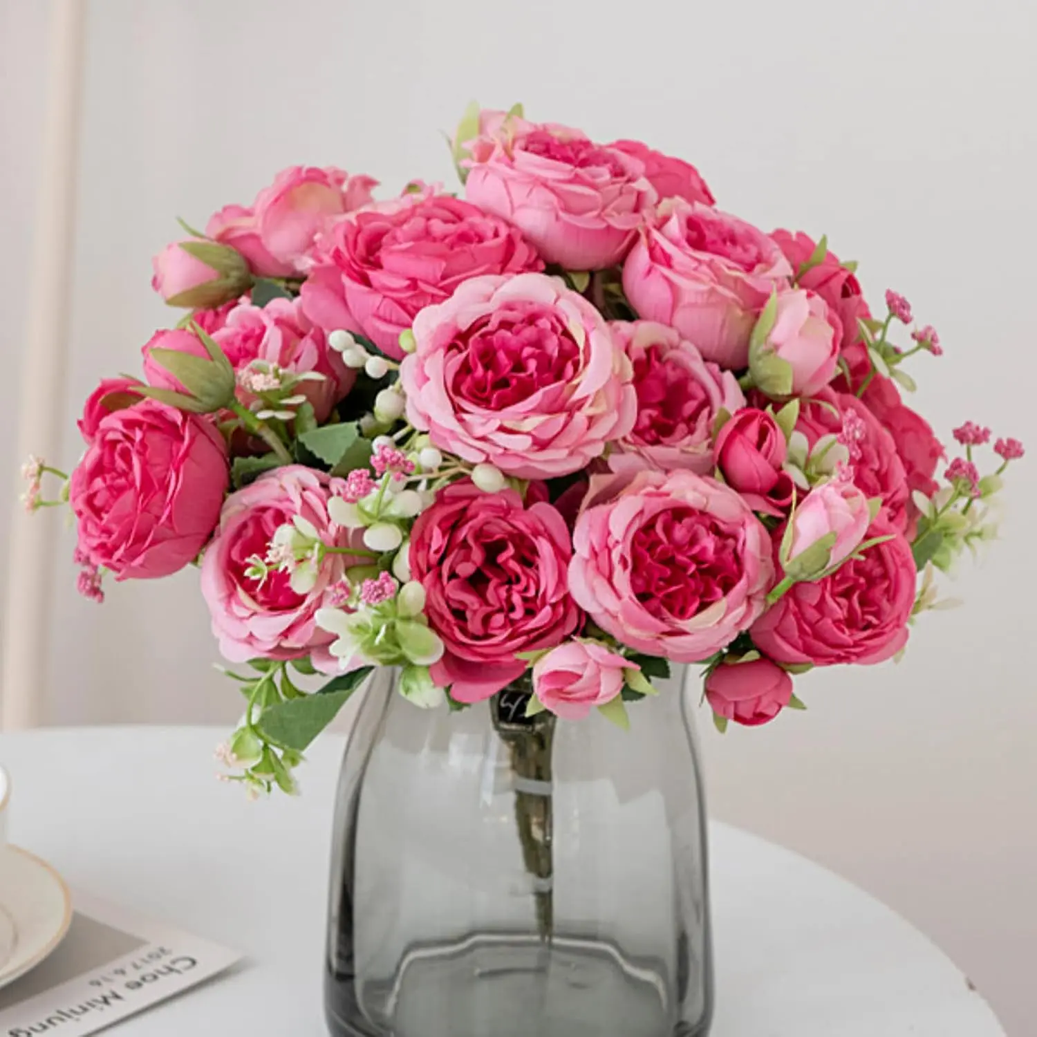 3pcs 30cm Hot Pink Faux Flower Bouquet - 5 Persian Roses & Peonies Flowers, Floral Decor for Wedding, Home Table Centerpieces
