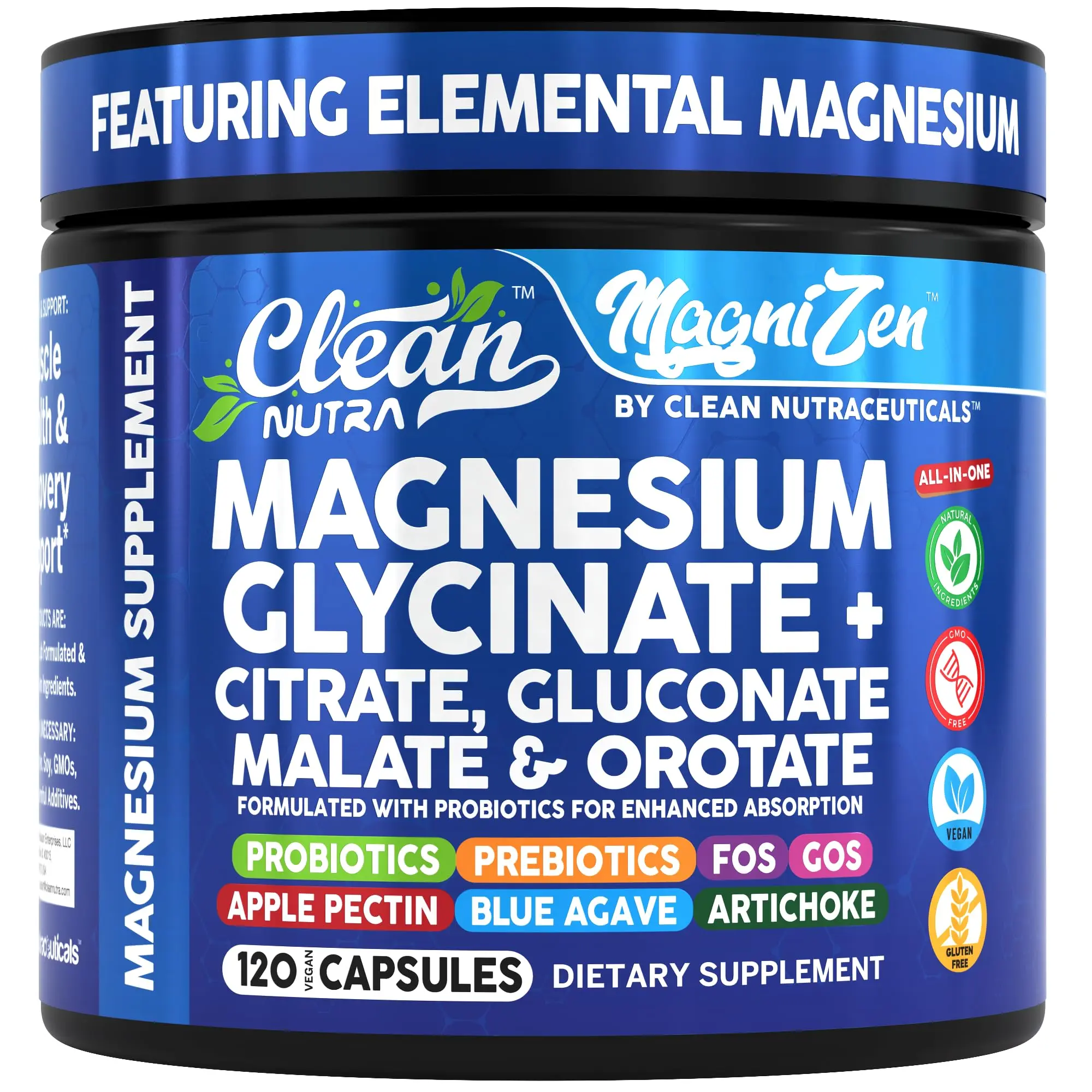 Clean Nutra Magnesium, Glycinate+, Citrate, Gluconate, Malate, Orotate & Probiotics for Muscle Recovery Relaxation Energy Production - MagniZen