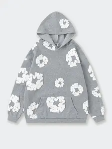 Fashion Unisex Fall Winter Streetwear Bubble Cotton Graphic Hoodie, American Trendy Brand, Loose-Fitting Floral Pattern, Casual Aesthetic, Perfect for Street Style