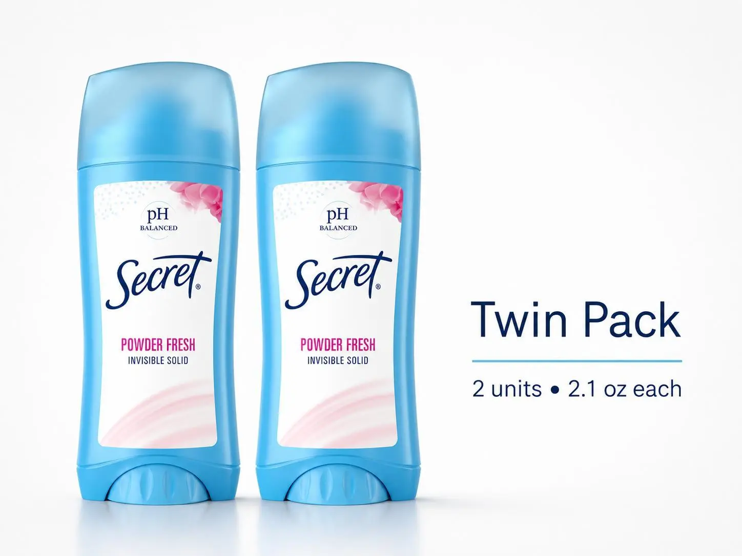 Secret Invisible Solid Antiperspirant Deodorant, Powder Fresh Scent, Twin Pack (2.1 oz Each) - 24h Odor Protection, Gentle Body Care Cosmetic Cleanser