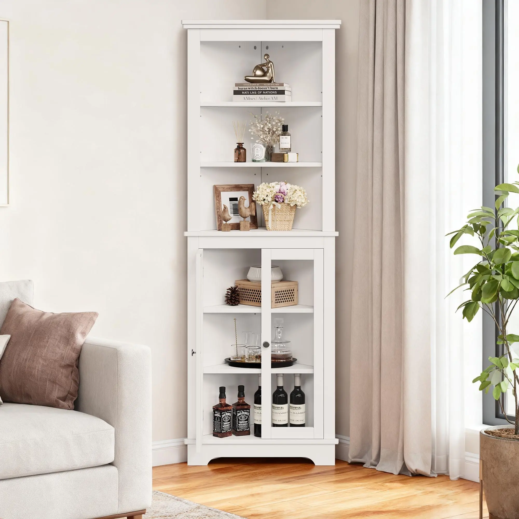 64" Tall Corner Cabinet,Modern Storage Cabinet with 2 Glass Doors & Adjustable Shelves, 6-Tier Free Standing Corner Storage Cabinet for Living Room, Kitchen,Bathroom, Laundry Room, White