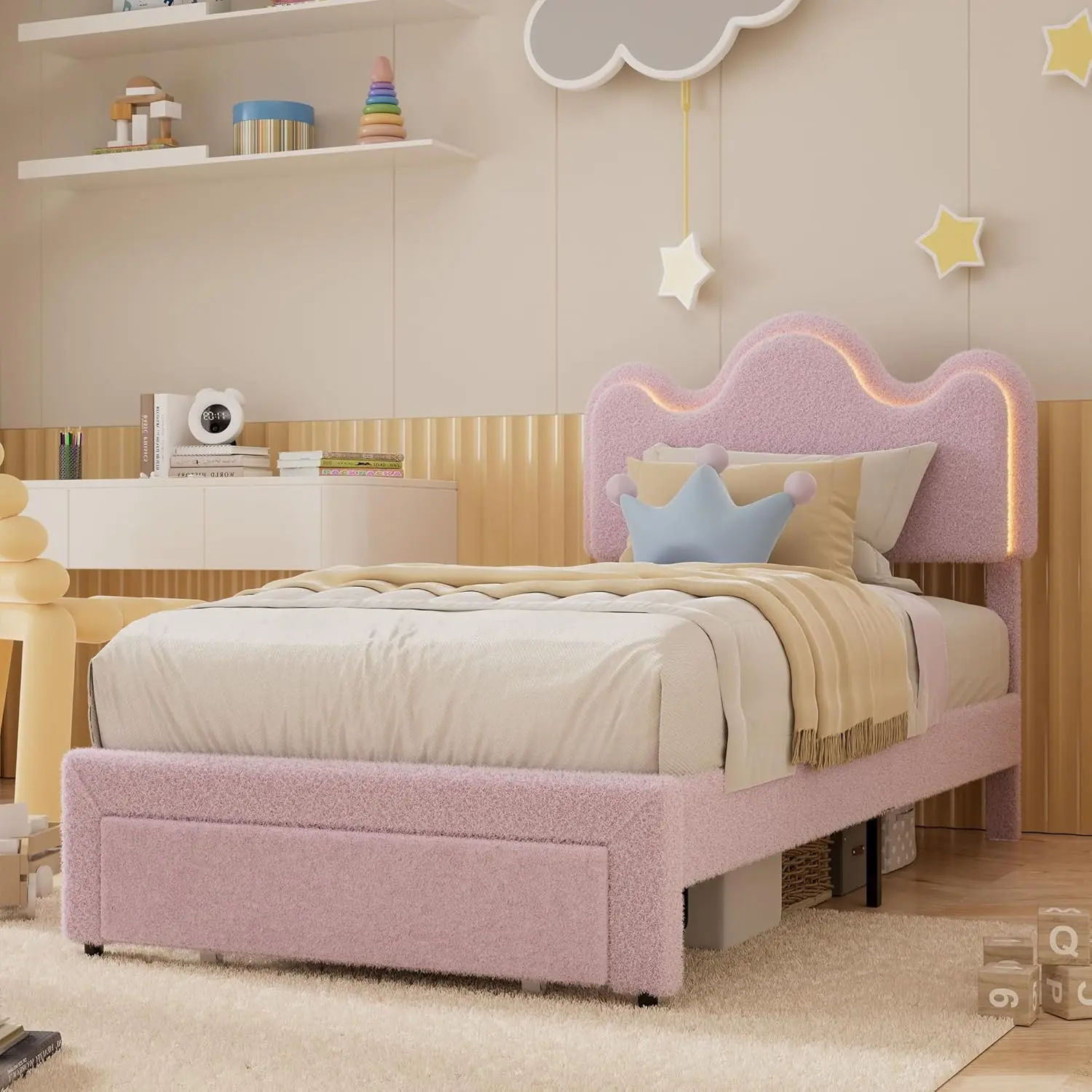 【Christmas Gift】Queen Size Princess Bed Frame with LED Headboard and Storage Drawers Adjustable Boucle Platform Bed for Girls No Box Spring Needed Pink