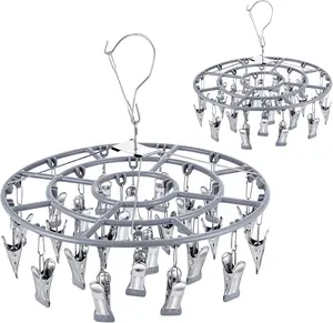 2 Pack Stainless Steel Clothes Drying Rack with 24 Clips, Swivel Windproof Round Heavy Duty Drying Hanger for Indoor Outdoor Wet and Dry Underwear, Grey