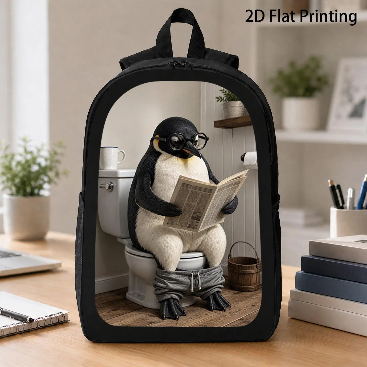 17 Inch Backpack One Piece Charming Penguin Wearing Glasses Reading Book On Toilet Humorous Animal Pattern Laptop Bag For Daily Commute School Travel