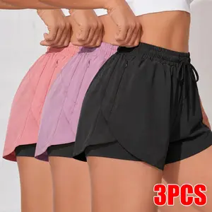 Women's 3 Pack Comfort Fit 2-in-1 Shorts, Quick Dry Elastic Waist Shorts with Liner & Zipper Pockets for Gym & Outdoor Activities
