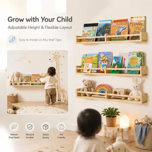 3-Piece Wooden Mounted Floating Bookshelves Set, 32" Solid Pine Hanging Bookshelf with Easy Installation, Paint-Free Safe Kids Room, Toddler Baby Bedroom Decor Shelves