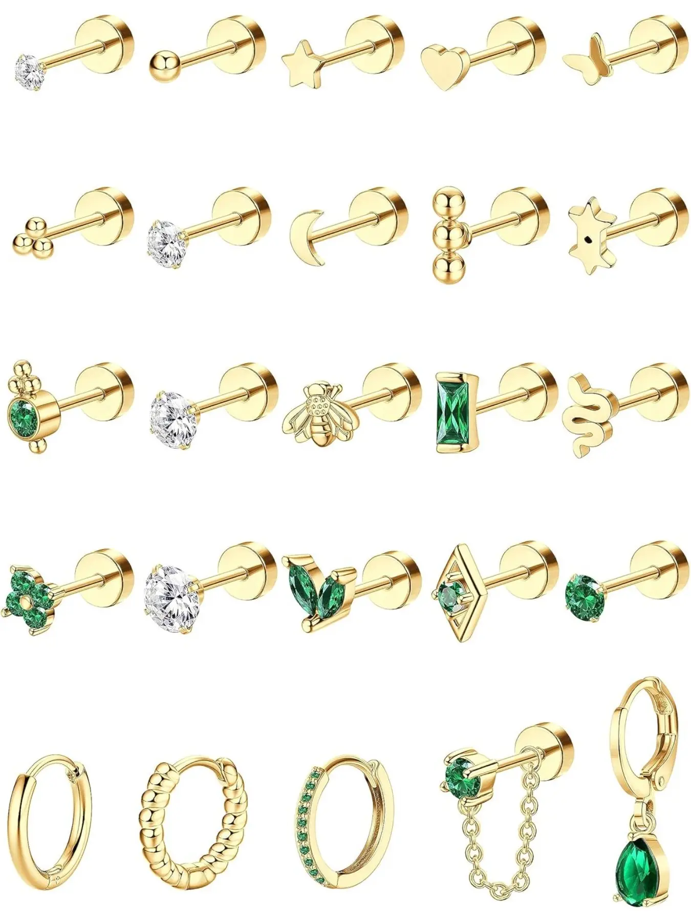 25Pcs Flat Back Earrings for Women Girls Steel Earrings Stud Hoop Earrings Set Snake Butterfly CZ Chain Dangle Emerald Green Earrings Gold Helix Piercing Jewellery Sparkling Ear Jewelry Hypoallergenic Ear Studs