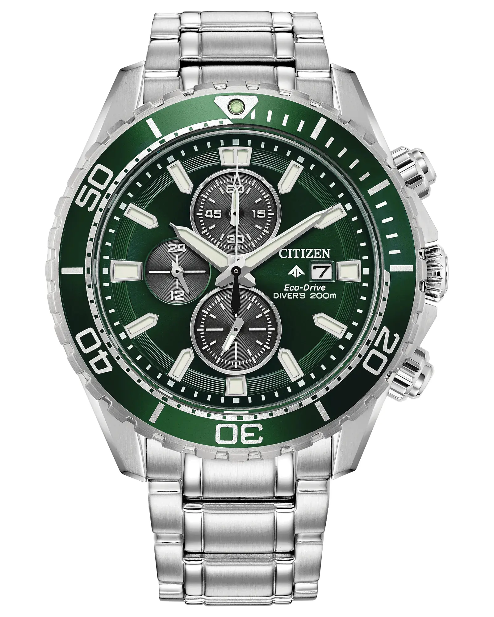 Citizen Eco-Drive Promaster Dive Chronograph Mens Watch - Green Dial, Steel Strap, Quartz Drive, Male Wear, Sport Look, Model CA0820-50X