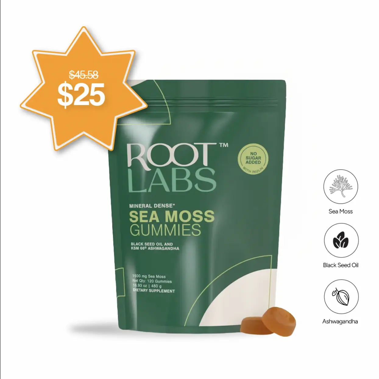 Root Labs Sea Moss Gummies | New Year New Me Edition | Start 2026 Strong | 1-Month Pack (60) | Wildcrafted Sea Moss + Black Seed Oil | KSM-66 Ashwagandha + Probiotic Support | Vegan | No Sugar Added | No Gelatin | No Artificial Colors