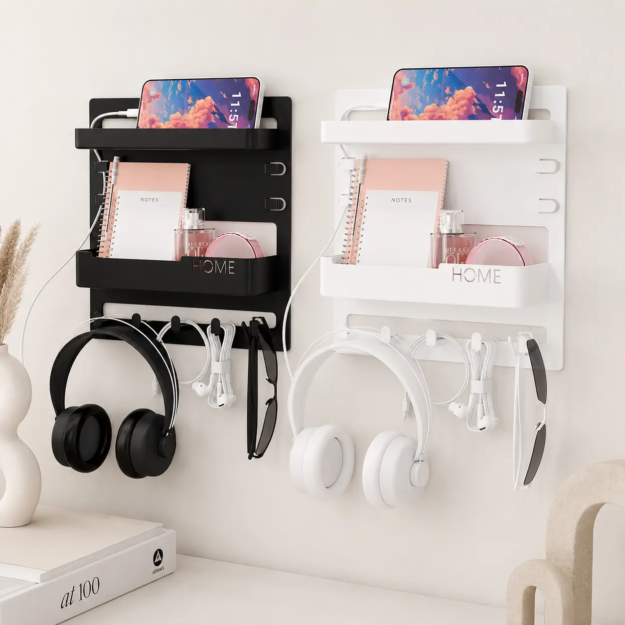 Floating Bedside Organizer Shelf - Wall-Mount Home Decor Shelf with Phone Holder and Remote Rack for Dorm Beds, RV Bedrooms, Shelves