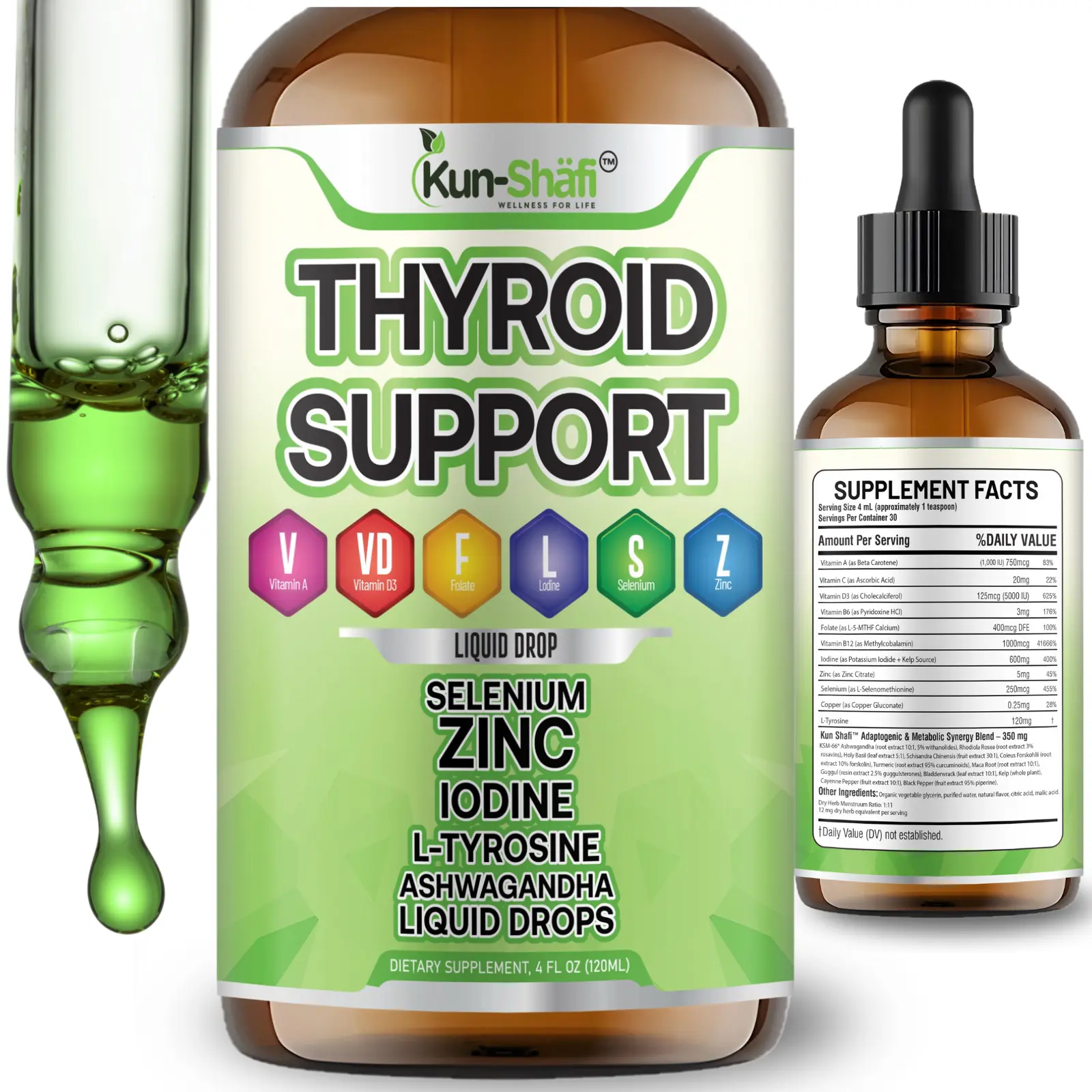 KUN SHAFI Thyroid Support Liquid Drops with Iodine, Selenium, Zinc, L-Tyrosine, Vitamin A, D3 & Folate - 4 Fl Oz Daily Wellness Formula | Focus, Immune, Minerals, Multi-Ingredient, Vitality Vitamins Supplements, Focus Vitamins Supplements