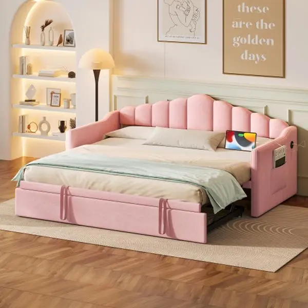 Bellemave Beige Velvet Twin Modern Curve Upholstered Trundle Bed Frame - Pull-Out Bed with Adjustable-Height Pop-Up Trundle, USB & Type-C Ports, 2 Side Pockets, 138.89 lbs Capacity, 82.7" L x 40.9" W x 39.8" H, No Box-Spring Needed, Assembly Required