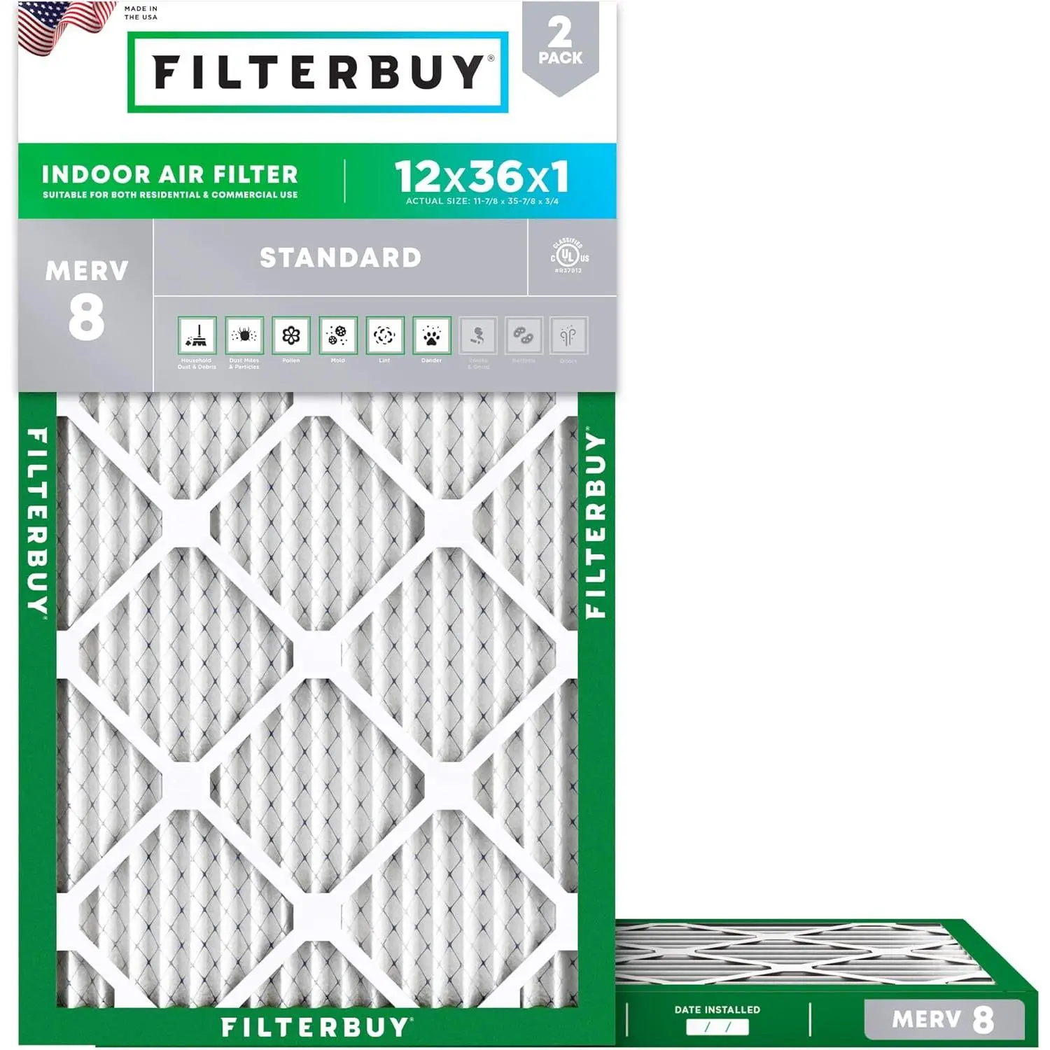 Filterbuy 12x36x1 Air Filter (2-Pack), Pleated MERV 8 Dust Defense HVAC AC Furnace Air Filters (Actual Size: 11.88 x 35.88 x 0.75 Inches)