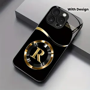 Simple golden lucky letter R pattern glass phone case, for iPhone 17 16 15 14 13 12 11 pro max