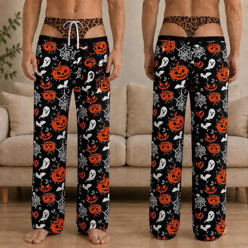 Custom Spooky Pajama Pants for Him, Personalized Mens Lounge Bottoms, Funny Underwear Print Sleepwear, Halloween Party Gag Gift